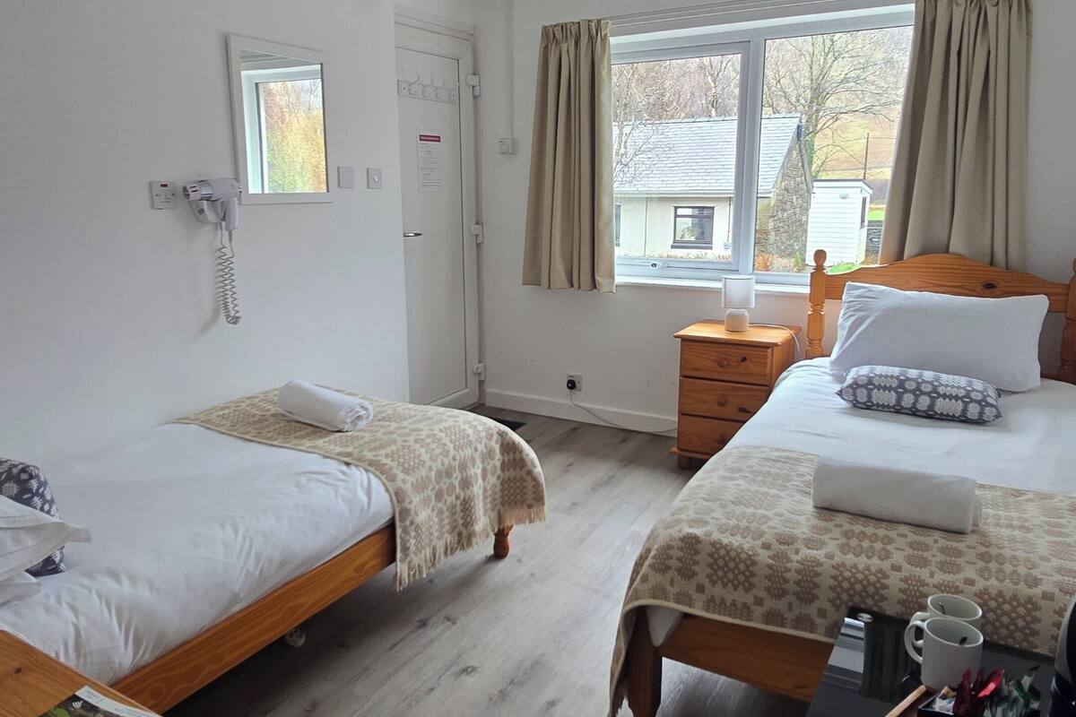 Una habitación con dos camas, un aparador de madera, un escritorio, una ventana con cortinas, un teléfono en la pared y una lámpara en el techo.