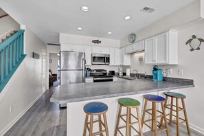 Fridge, microwave, oven, stovetop - Waterfront Sound Views | Sunset Deck, Pool & Beach Access | North Topsail (North Topsail Beach)