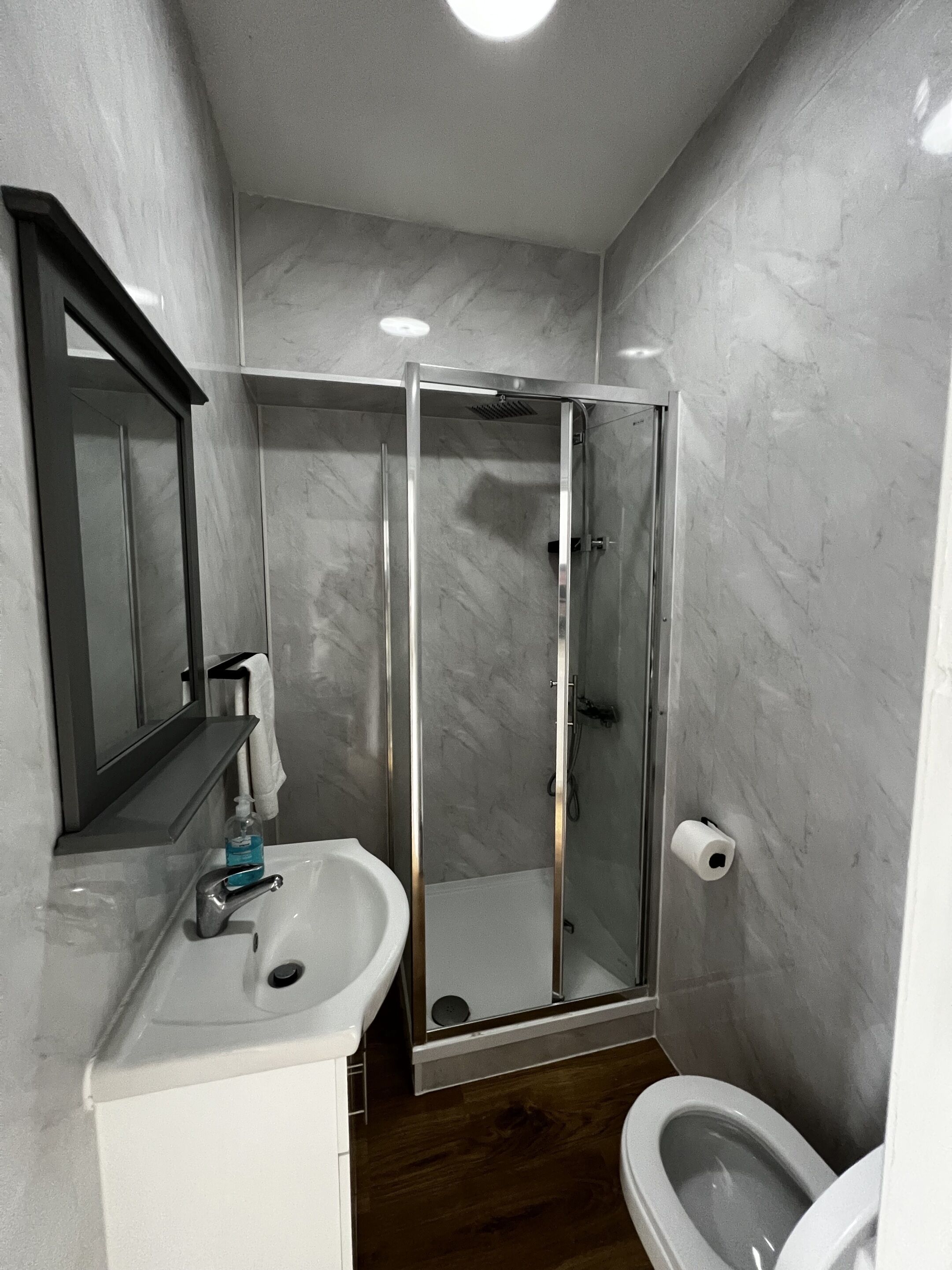 A bathroom with a glass-enclosed shower, a sink with a mirror, and a toilet.