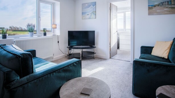 A modern living room with two teal sofas, a flat-screen TV, and a view of the outdoors through large windows. - Oasis - 2 Bed Apartment - Ocean Breeze (Swansea)