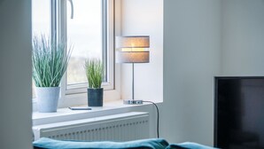 Une pièce avec une fenêtre, un radiateur, une plante en pot, un lampadaire et un téléviseur posé sur un meuble.