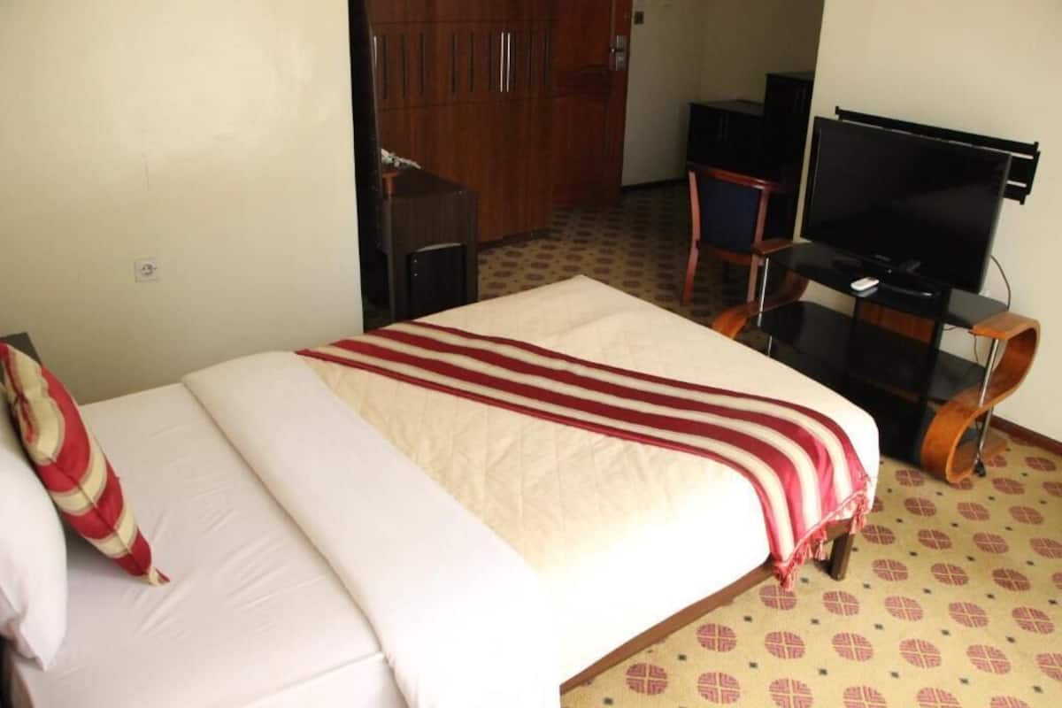 A hotel room with a bed, a television, a wardrobe, and a desk.
