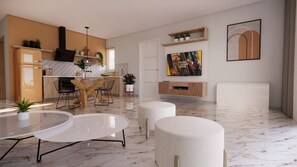 Deluxe suite, 1 slaapkamer, niet-roken, veranda | Privékeuken | Een koelkast, een microgolfoven, een oven, een waterkoker