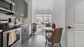 Fridge, dining tables