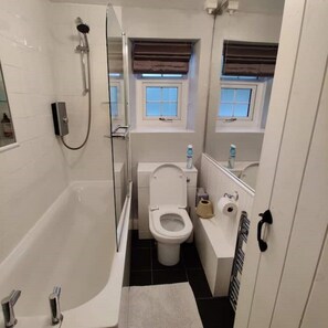 Hair dryer, towels, soap, shampoo