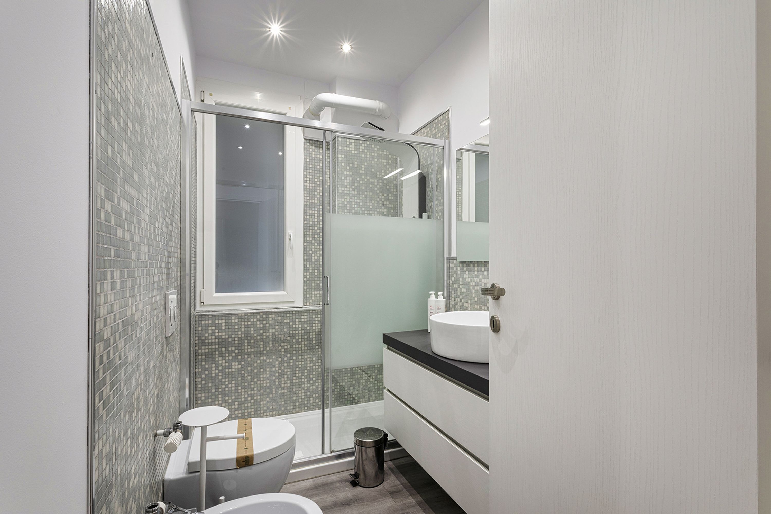 A modern bathroom with a glass shower enclosure, a toilet, a sink, and a mirror.