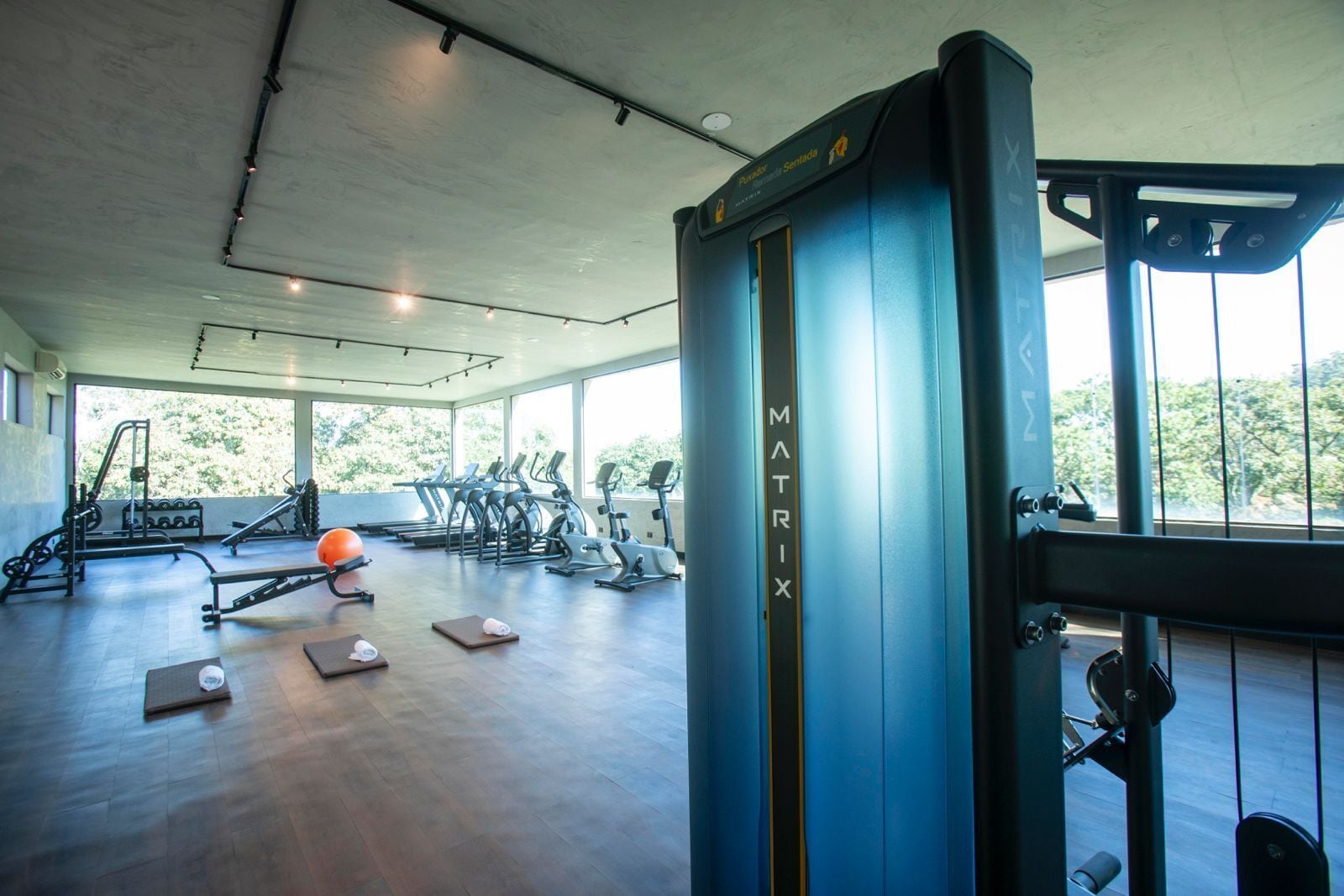 A gym with various exercise equipment, including treadmills and weights, and a large window providing a view of trees.