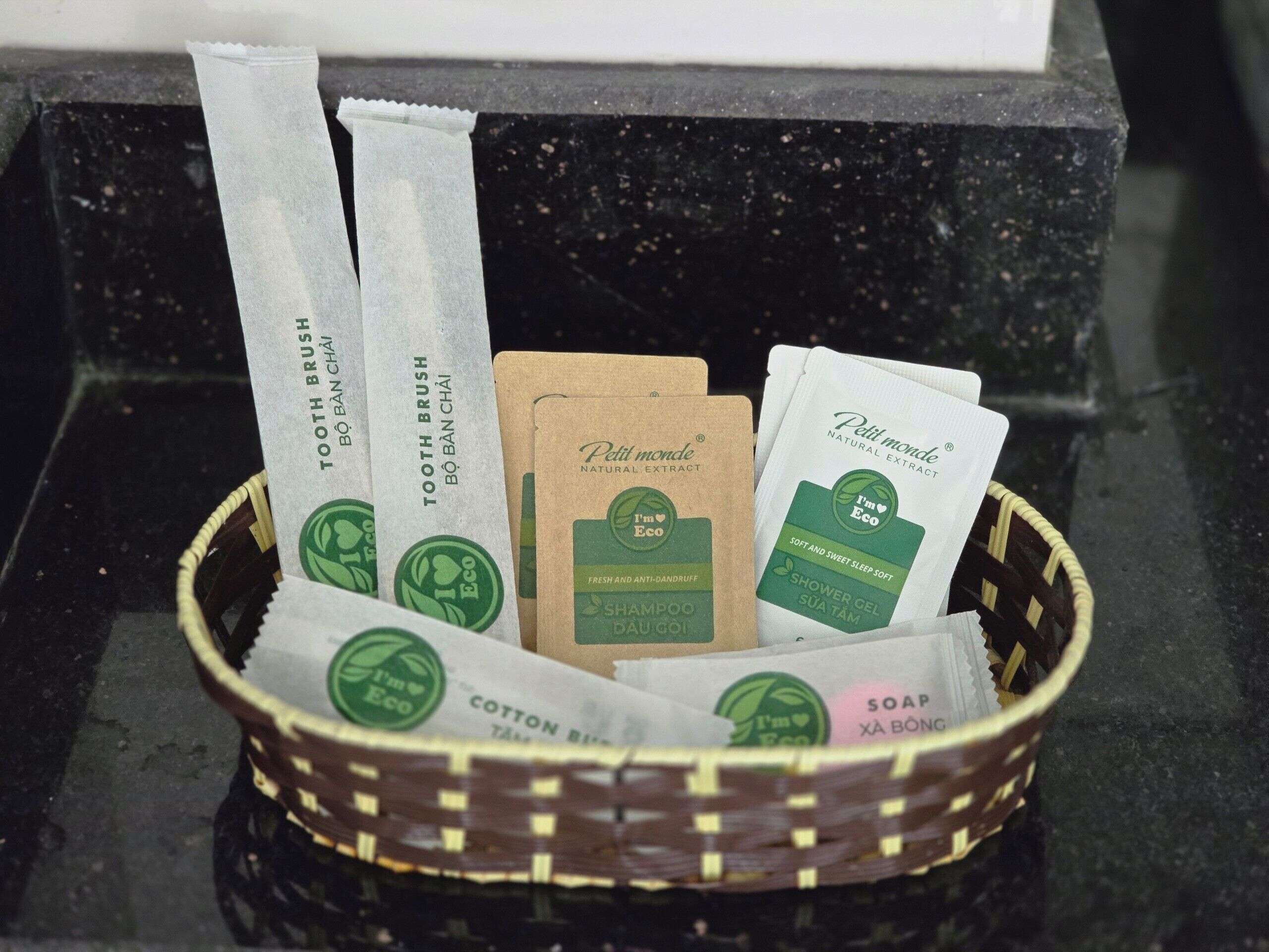 A basket containing various eco-friendly personal care products.