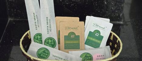 A basket containing various eco-friendly personal care products.