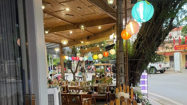 An outdoor seating area with wooden tables and chairs, surrounded by potted plants and hanging lanterns. - Vi TamCoc Hotel (Nam Hoa Lu)