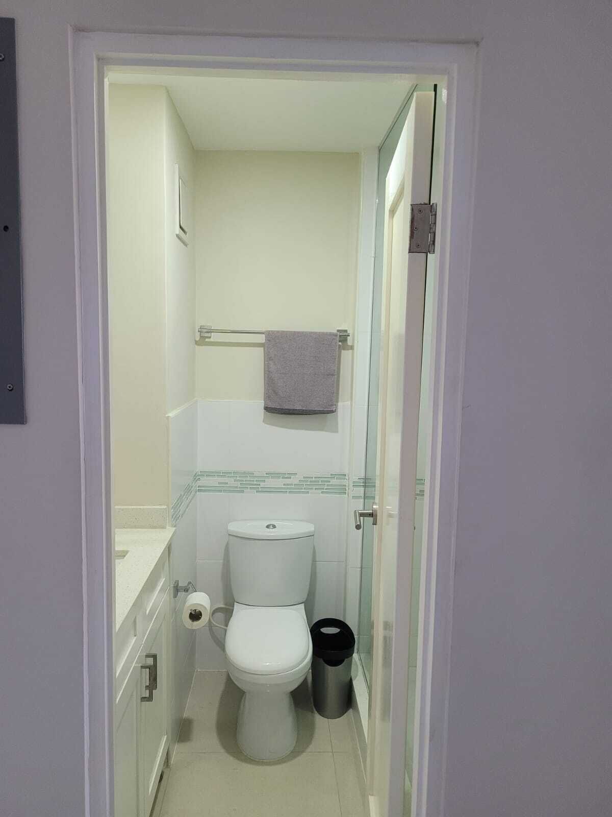 Een kleine, smalle badkamer met een toilet, een prullenbak en een handdoek aan een rek.