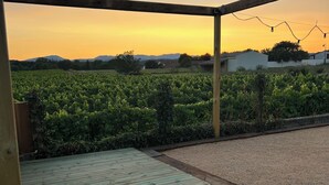 Une terrasse en bois avec un chemin de gravier, un vignoble en arrière-plan et un ciel dégagé.