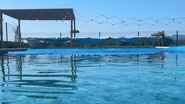 Une piscine aux eaux claires, avec un fond carrelé, un espace abrité sous un toit et une clôture en arrière-plan.