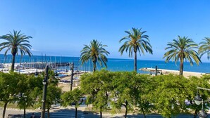 Blick auf einen Strand mit Palmen, einem Yachthafen und blauem Himmel.