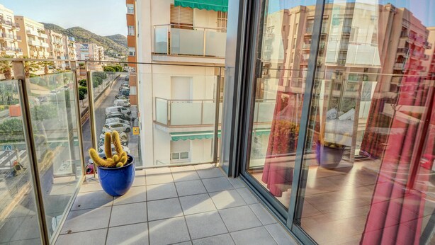 Un balcón con una maceta de cactus, barandilla de cristal y vista a una calle con coches aparcados y edificios.