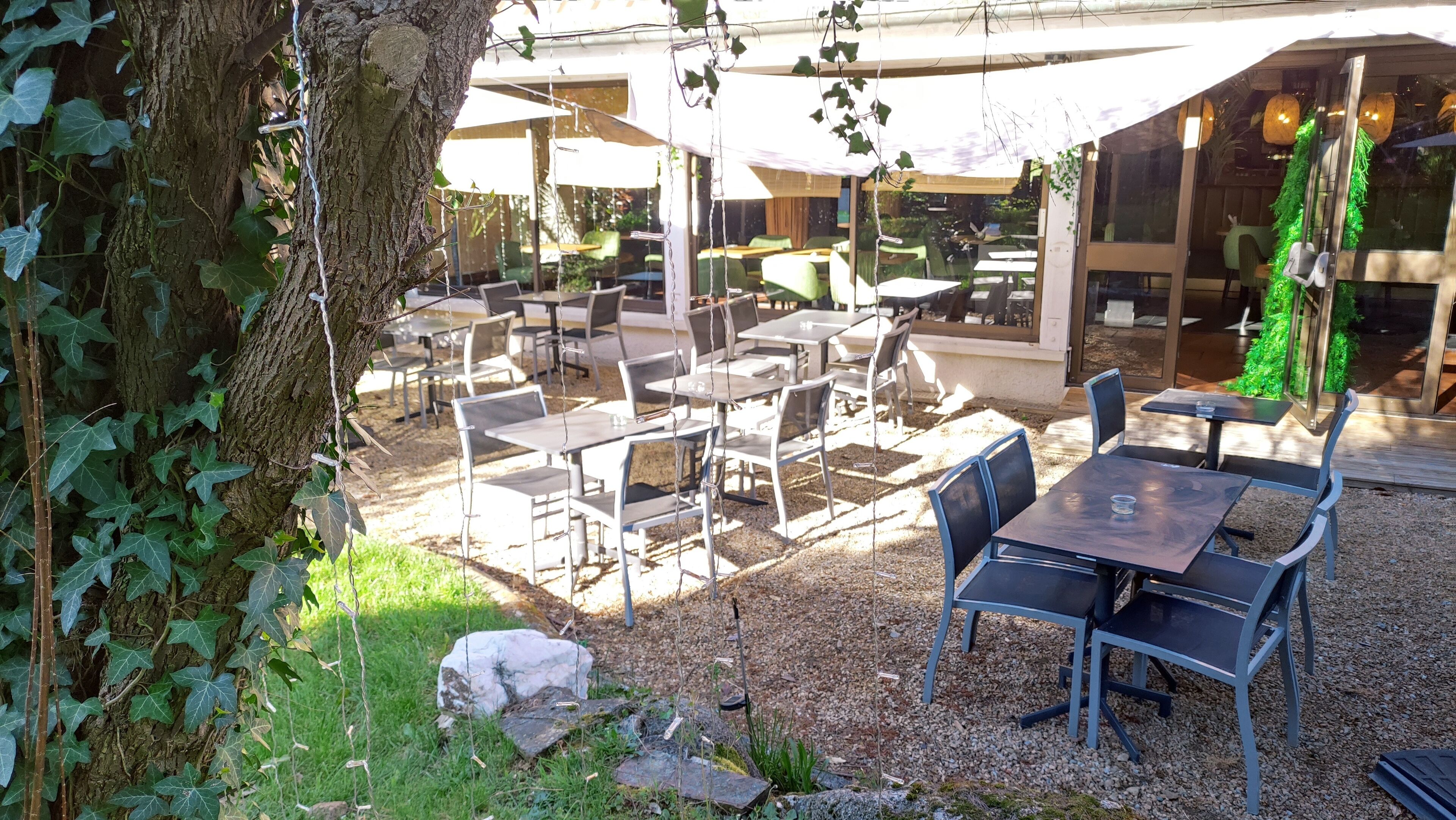 An outdoor seating area with tables and chairs, surrounded by trees and a building with large windows.