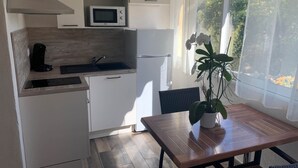 Une cuisine compacte équipée d’un four à micro-ondes, d’un évier et d’un réfrigérateur. On y trouve une table à manger, une plante en pot et une chaise.