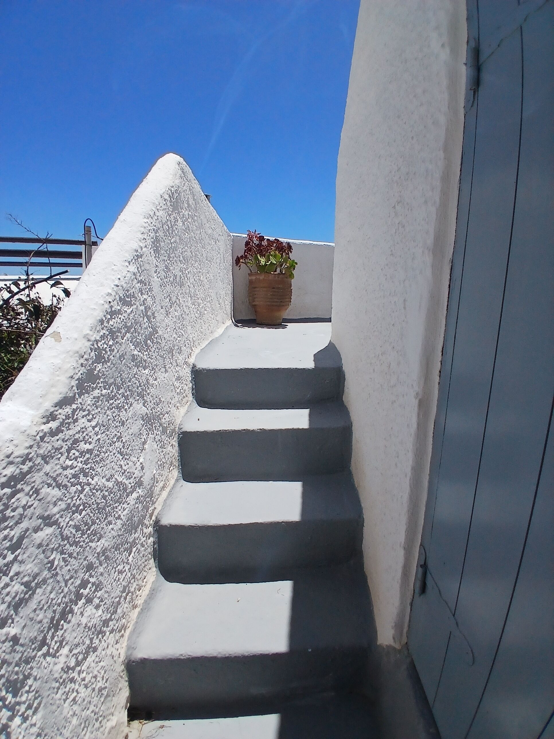 Un conjunto de escalones de concreto blanco que conducen a un balcón con una maceta.