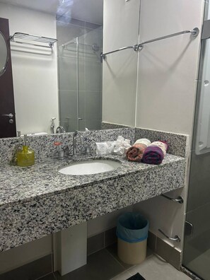 Séchoir à cheveux, savon, shampooing, papier de toilette