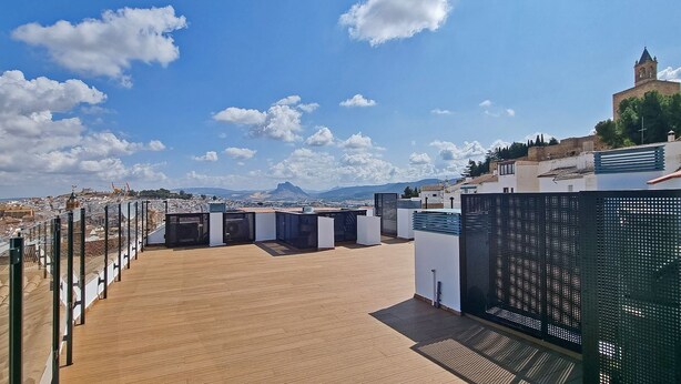 A rooftop terrace with a clear view of the city and mountains in the distance. - Apartamentos Antequera (Antequera)