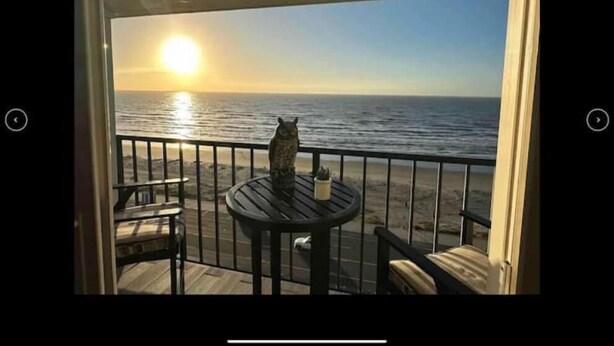 En balkong med utsikt över havet vid solnedgången, ett bord och en stol.