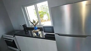 Una cocina compacta con refrigerador de acero inoxidable, horno integrado y ventana con vista a zonas verdes.