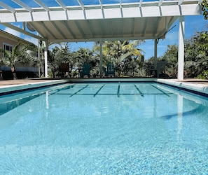 A clear swimming pool with a white pergola overhead, surrounded by palm trees and greenery. - The Pink @ Hoopers Bay Beach (Hoopers Bay)