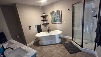 Shower, hair dryer, towels, toilet paper