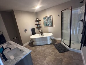 Shower, hair dryer, towels, toilet paper - Paris On The Hill (Waynesville)