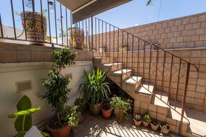 Une terrasse sur le toit agrémentée de plantes en pot, un escalier en métal et un mur de briques.