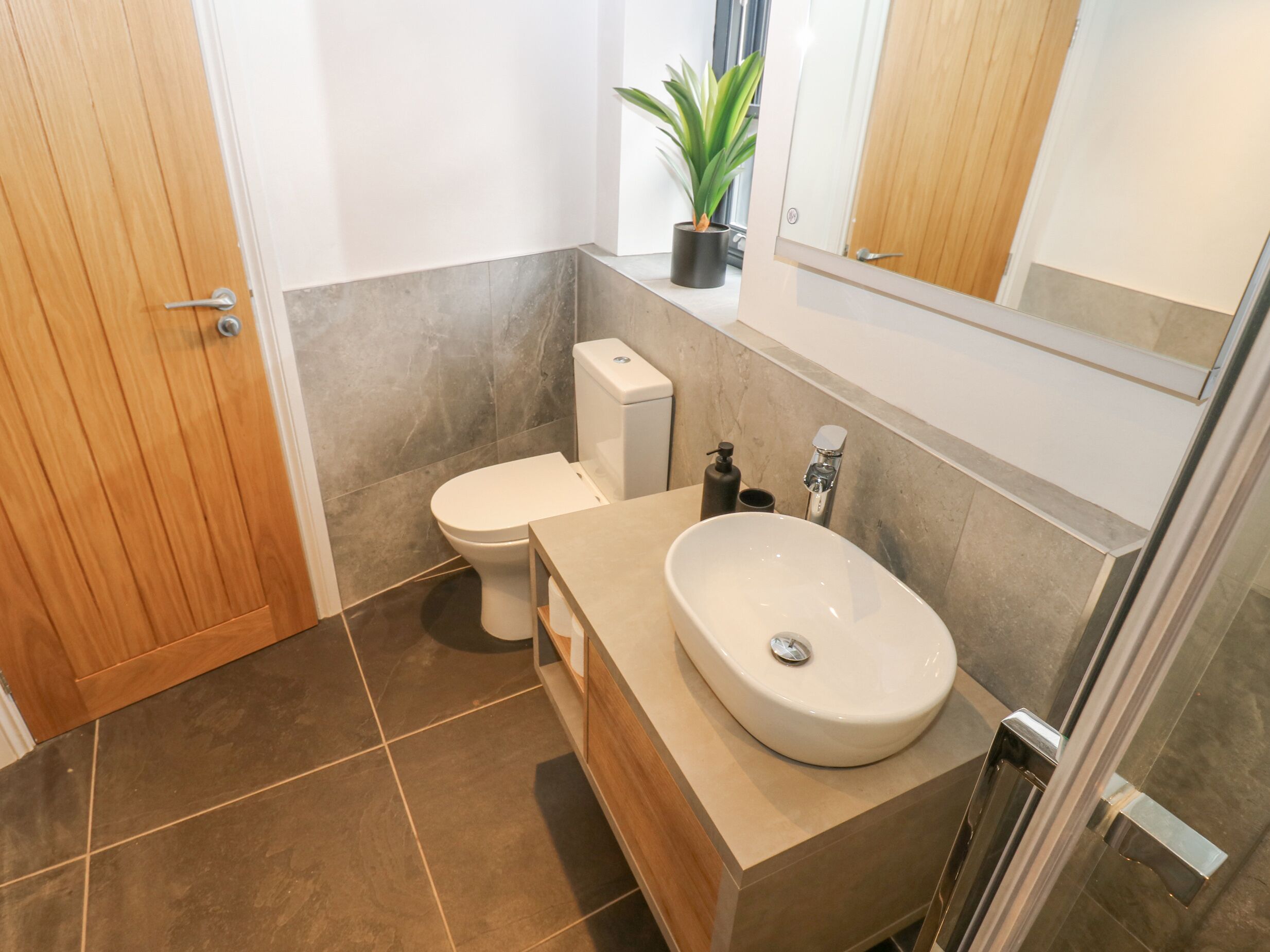 A modern bathroom with a wooden door, a toilet, a sink, and a mirror.