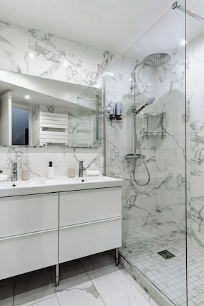Shower, hair dryer, towels, soap