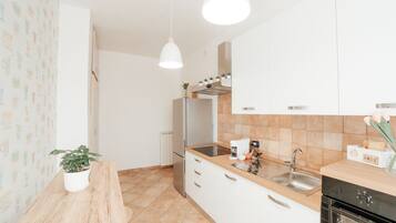 Fridge, microwave, oven, stovetop