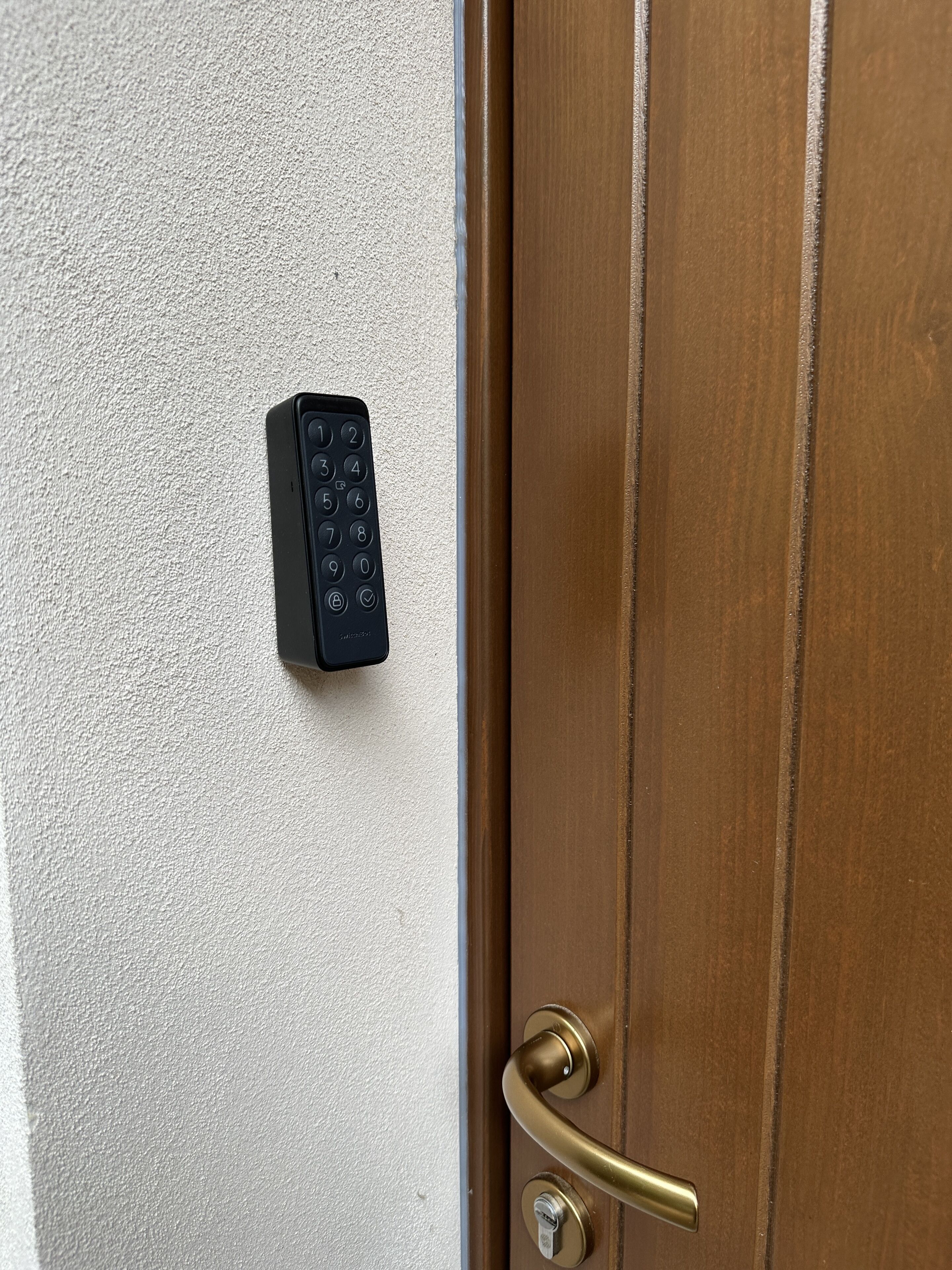 A door with a brass handle and a keypad lock.