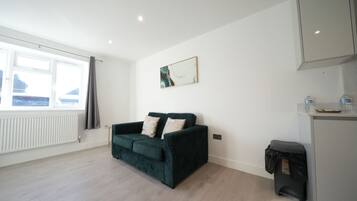 A modern living room with a dark green sofa, a white radiator, a window with curtains, a wall-mounted artwork, and a small trash bin.