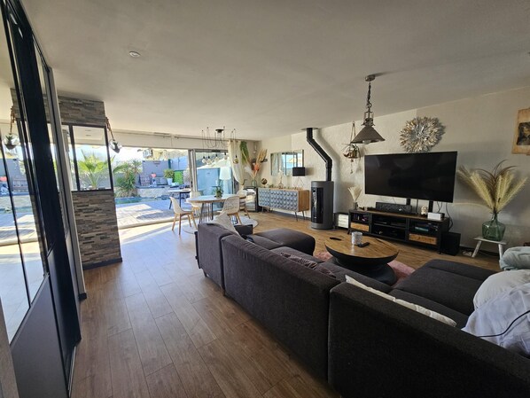 TV connectée, cheminée, livres