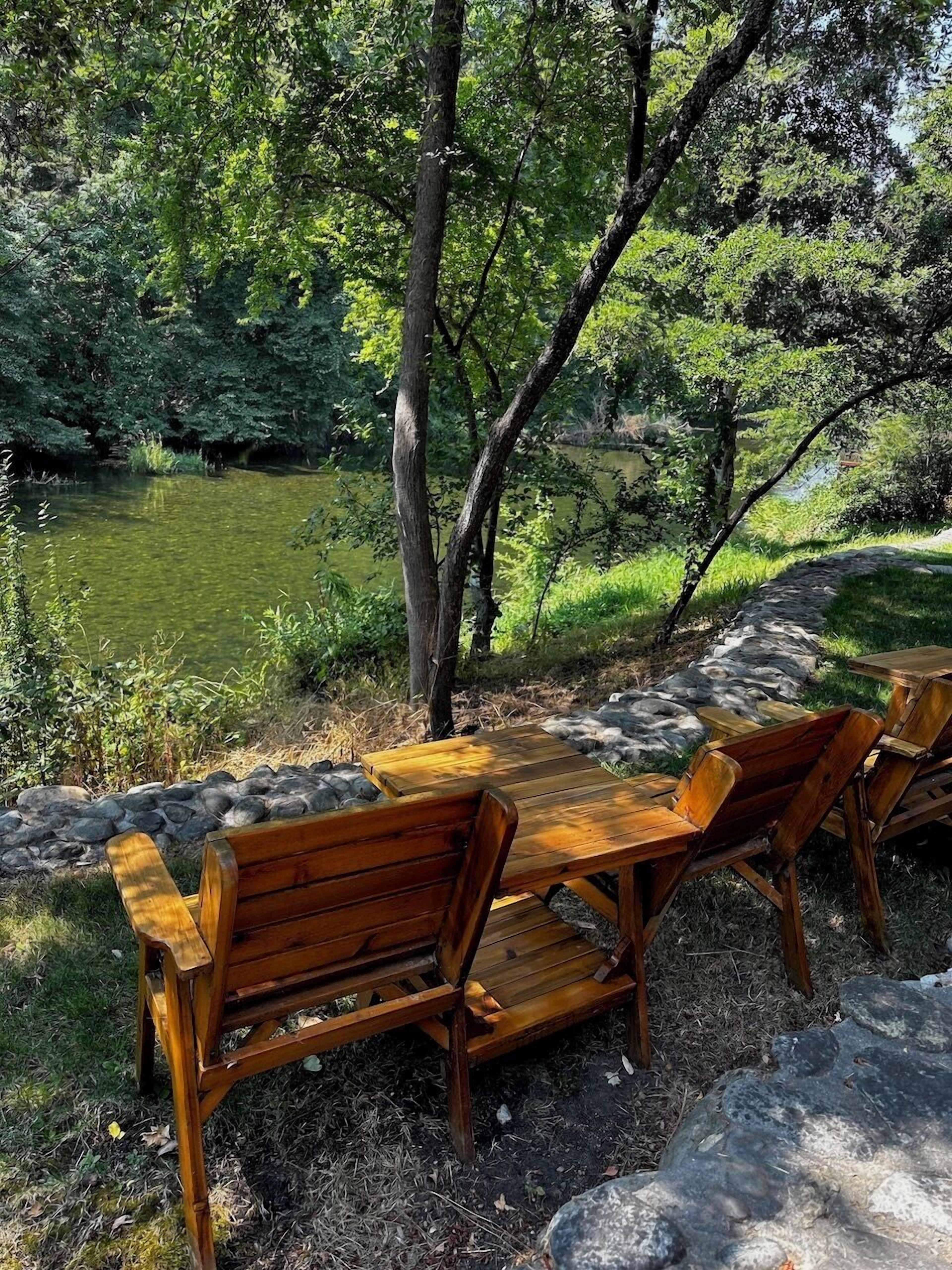 A wooden bench and table set by a pond with a stone wall and greenery.