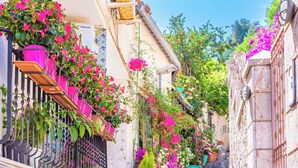 Una estrecha calle con escalones que conducen a un edificio, decorada con macetas y flores.