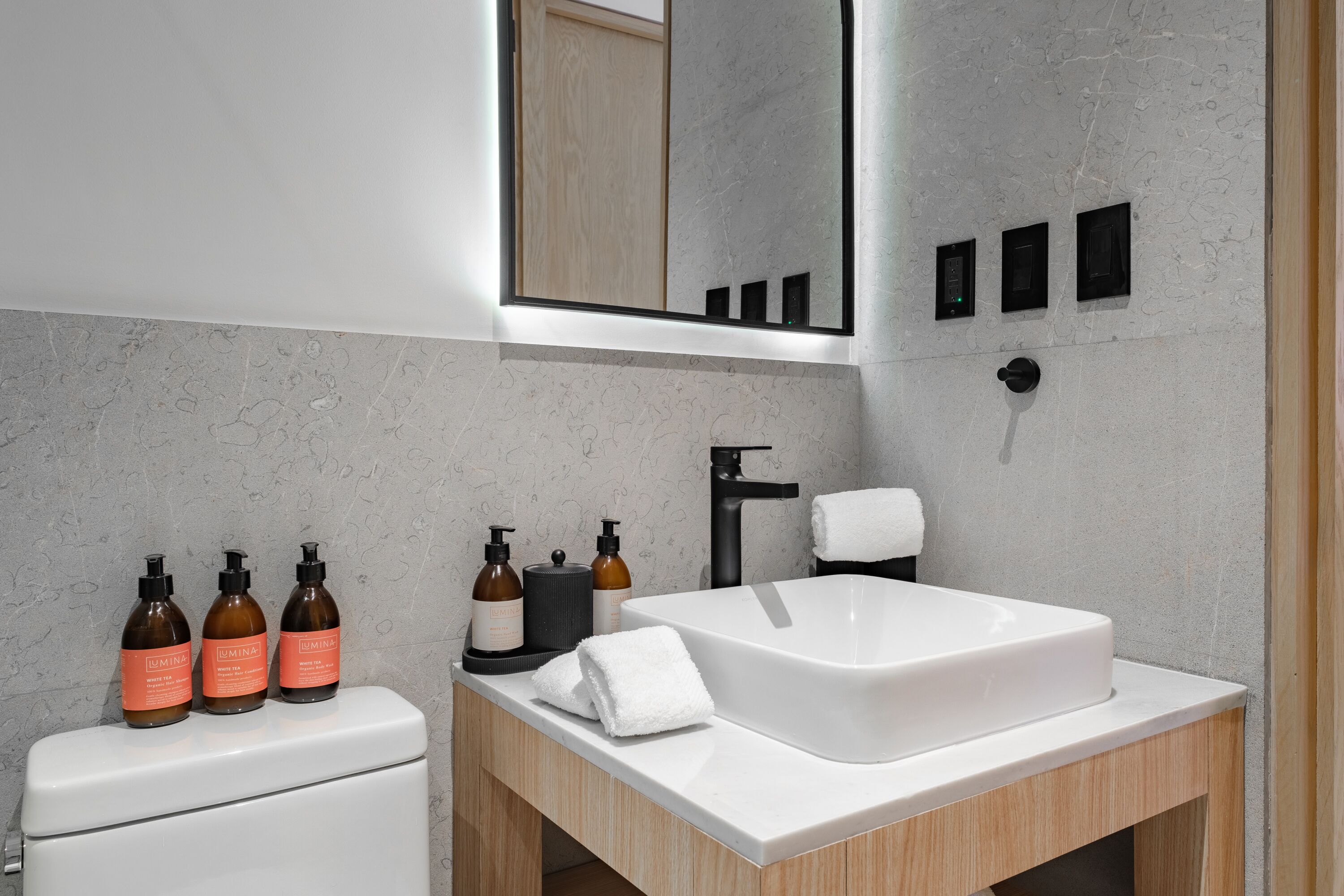 Une salle de bain moderne avec un lavabo blanc, un meuble-lavabo en bois et trois bouteilles de gel douche Lumina.