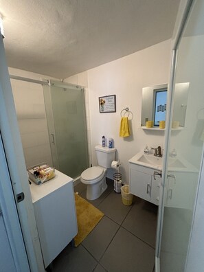 Shower, hair dryer, towels, soap