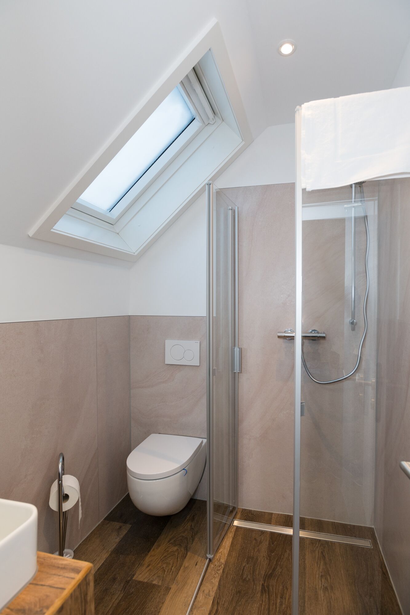 A modern bathroom with a skylight, a glass-enclosed shower, a toilet, and a wooden floor.