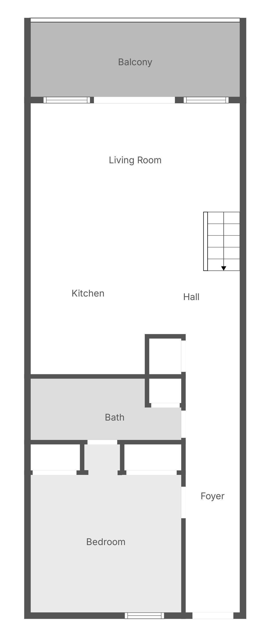 Een plattegrond van een huis met een balkon, woonkamer, keuken, hal, badkamer, entree en slaapkamer.