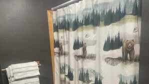 A bathroom with a shower curtain featuring a forest and wildlife print, a wooden towel rack with folded towels, and a dark wooden floor. - LaCreek Lodge-5 beds (Martin)