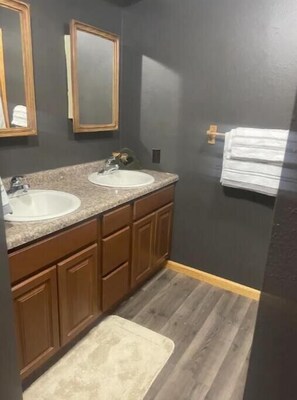 Hair dryer, towels, soap, shampoo