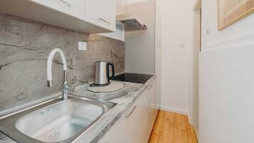 Fridge, stovetop, toaster, cookware/dishes/utensils