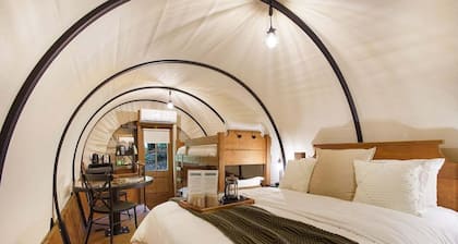 Covered Wagon Camping along Creek, Sleeps 4