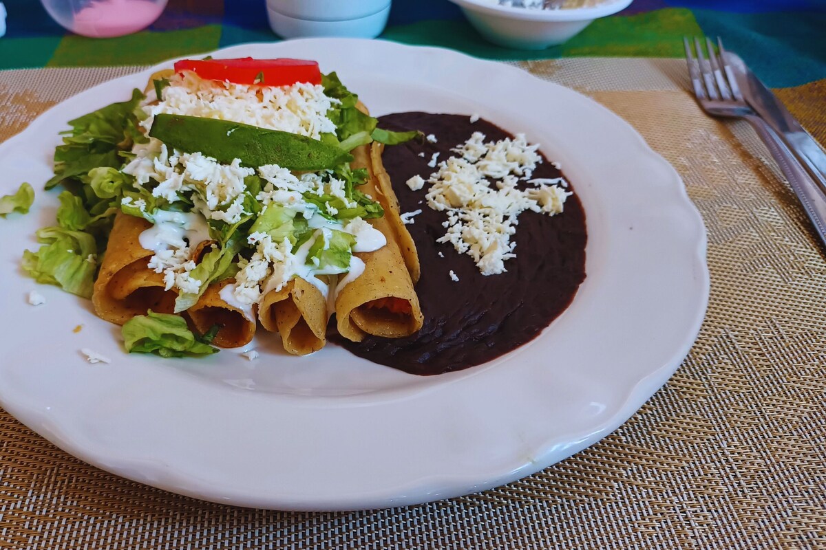 Um prato com tortilhas enroladas, molho de feijão preto e uma porção de legumes frescos e queijo.