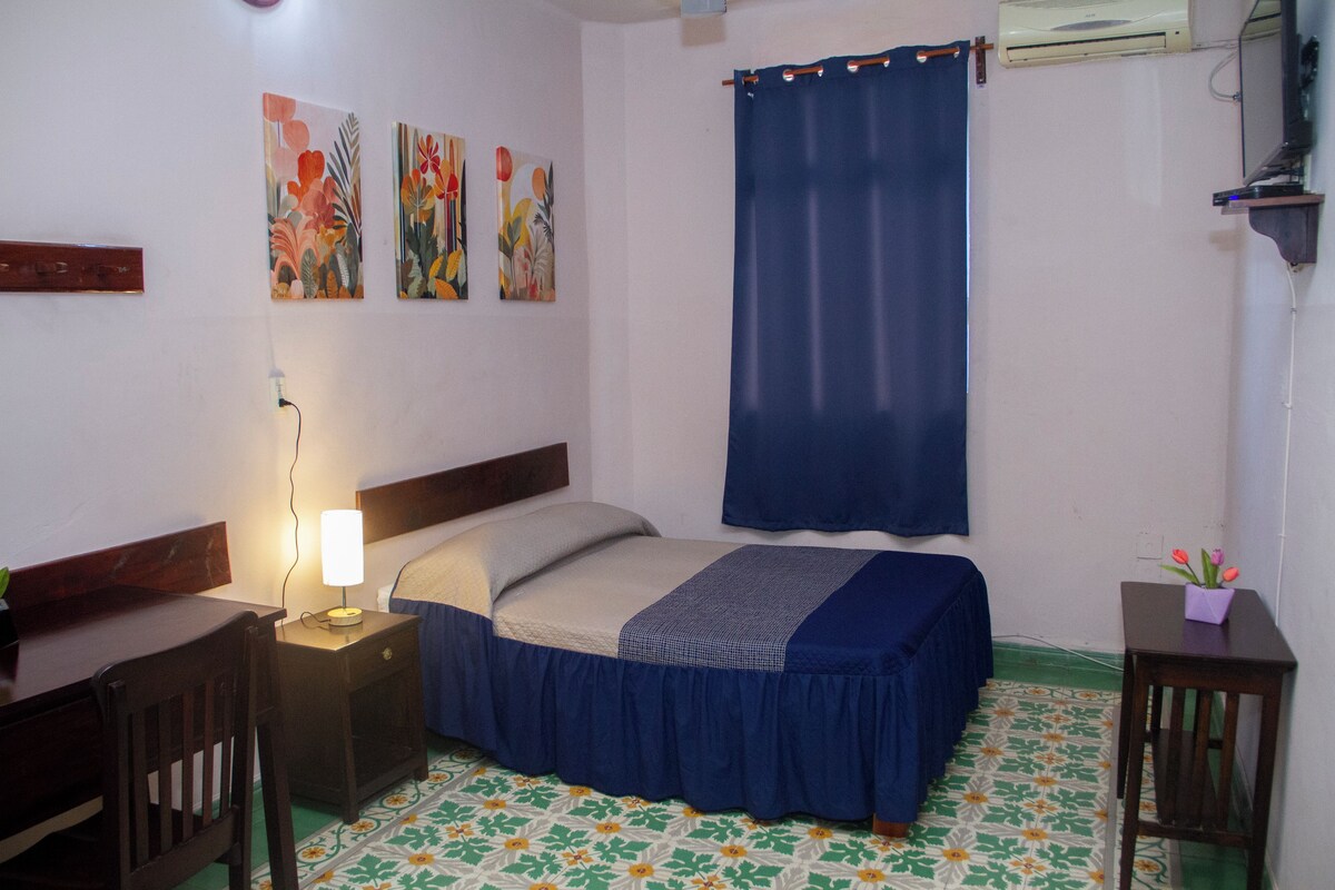 Ein Schlafzimmer mit Bett, Schreibtisch, Stuhl, Nachttisch mit Lampe, Wandklimaanlage und Fenster mit Vorhang.