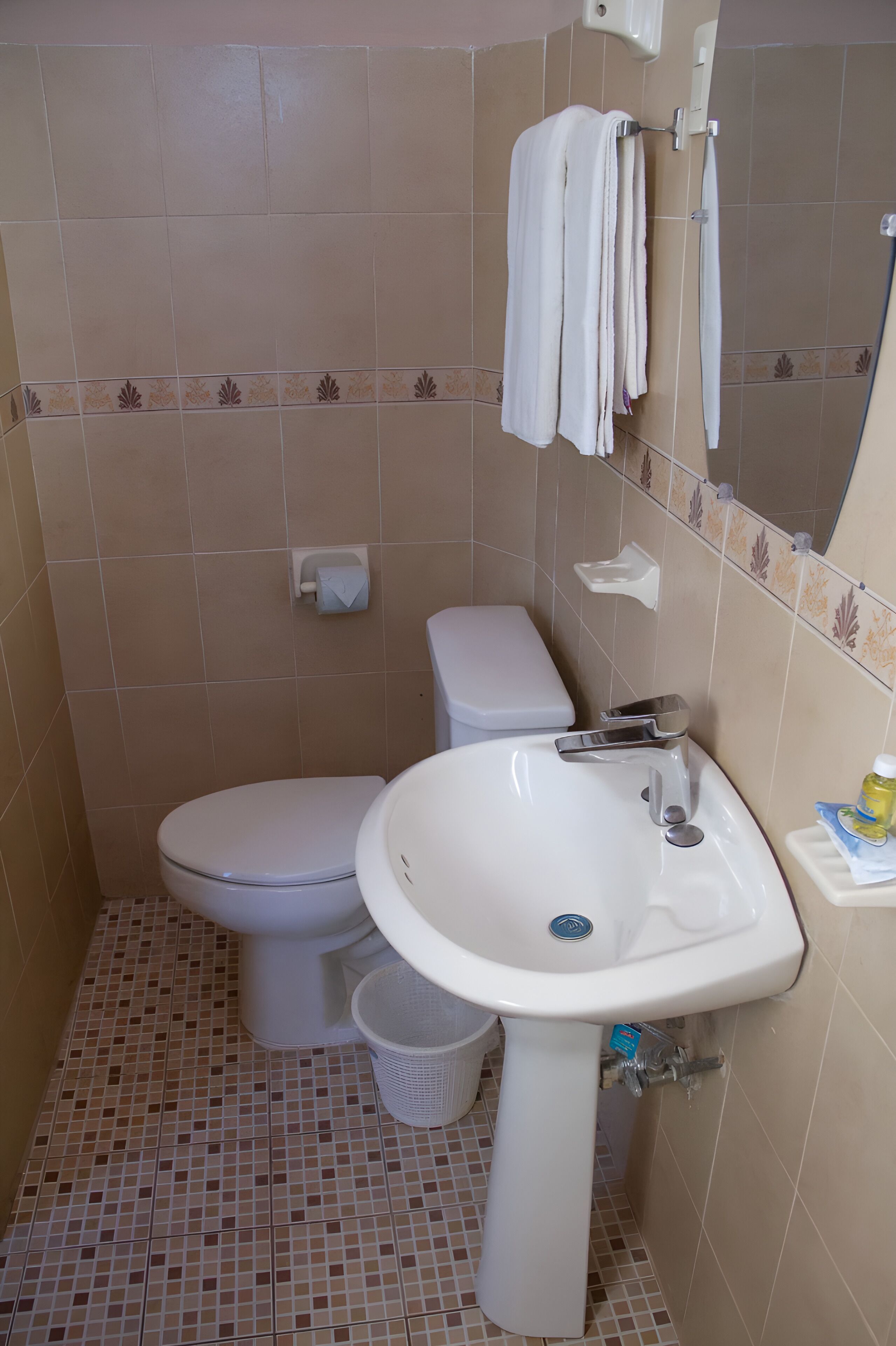 Une salle de bain avec des toilettes, un lavabo et un miroir.
