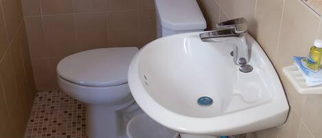 Un baño con inodoro, lavamanos y espejo.